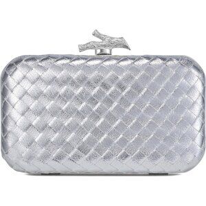 Women's Silver Woven Leather Formal Evening Shoulder Clutch Chain Strap Handbag
